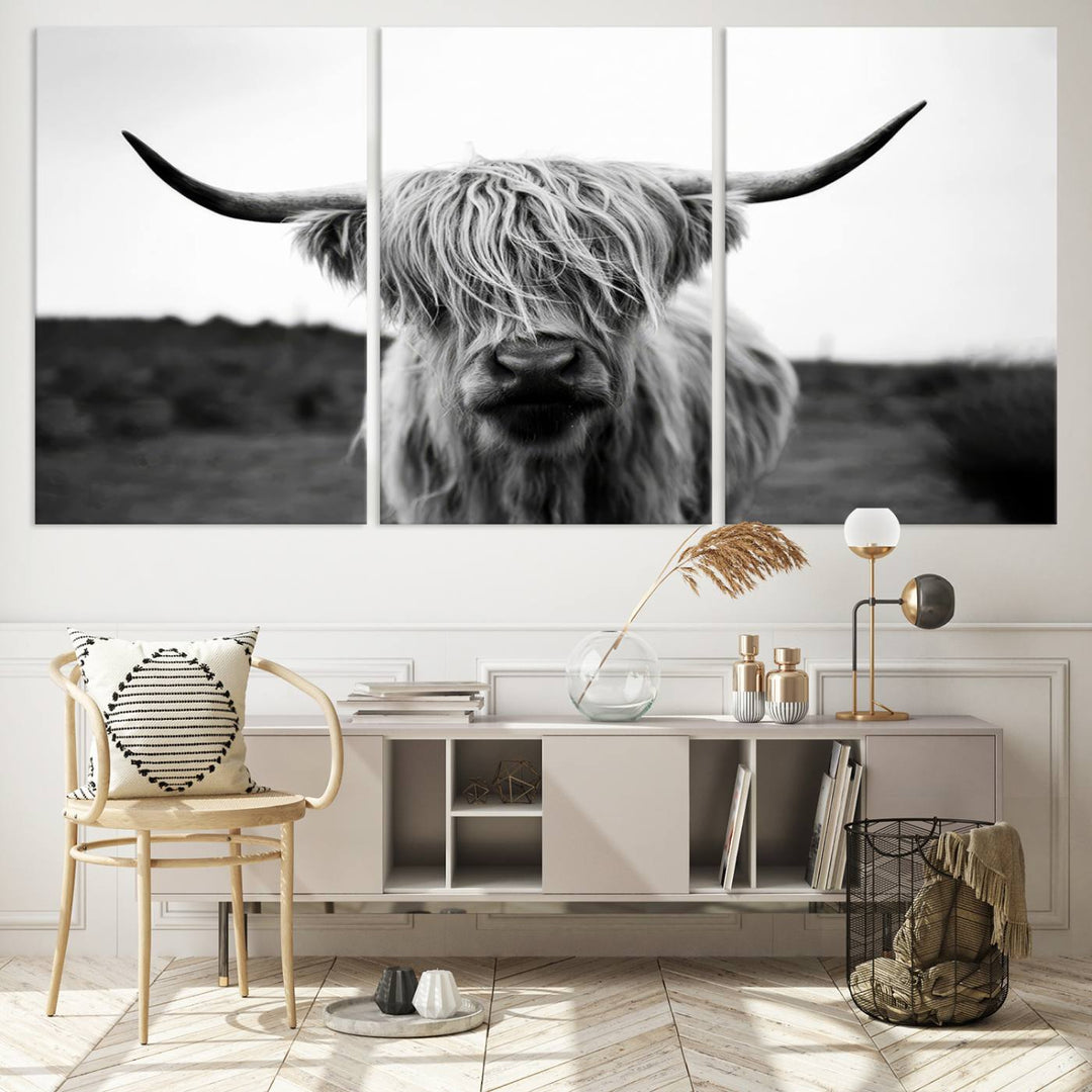 Highland Cow Wall Art | Black and White Farmhouse Decor | Ready to Hang Triptych Canvas Print | Rustic Barn Decor | Scottish Highland Cattle Art Print