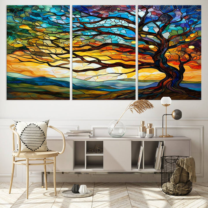 Vibrant Mosaic Tree of Life Wall Art | Stained Glass Style Canvas Print | Ready to Hang Artistic Decor