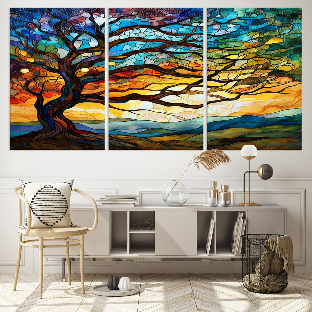 Mosaic Tree Wall Art | Ready to Hang Stained Glass Style Canvas Print | Farmhouse Wall Decor, Cabin Wall Art, and Unique Nature Home Decor