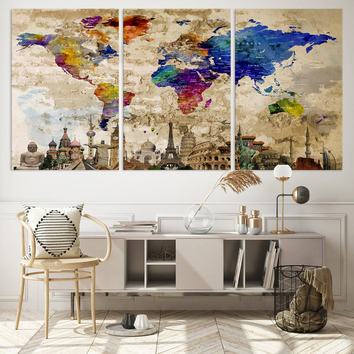 Framed World Map Canvas Print with Landmarks | Multi-Panel Wall Art | Ready to Hang Decor for Living Room, Office | Global Travel Wall Art | Vibrant Landmark Design