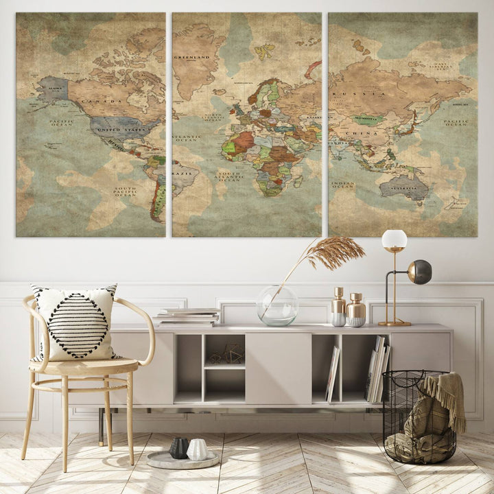 Vintage World Map Canvas Wall Art – Antique Triptych Map Print – Rustic Global Decor for Living Room or Office – Ready to Hang