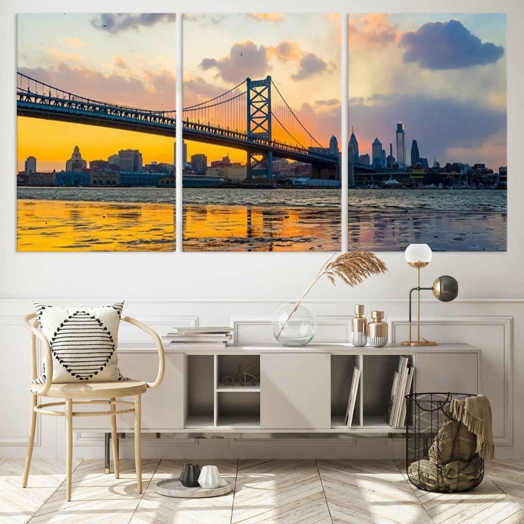 Ben Franklin Bridge Wall Art Print – Philadelphia Skyline Sunset Canvas Wall Art Canvas Print – Giclee City for Dining Room, Office or Living Room