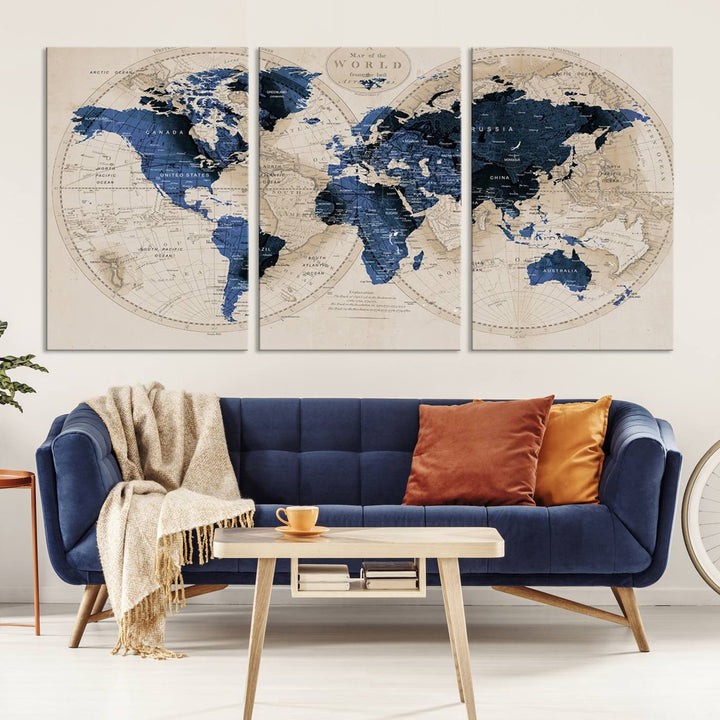 The Vintage Triptych Map Print is a grunge-stained blue and beige world map, perfect for enhancing wall decor.