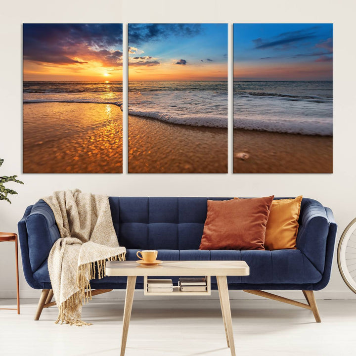 The Golden Sunset Beach Waves Triptych adds a modern coastal touch with its stunning seascape.