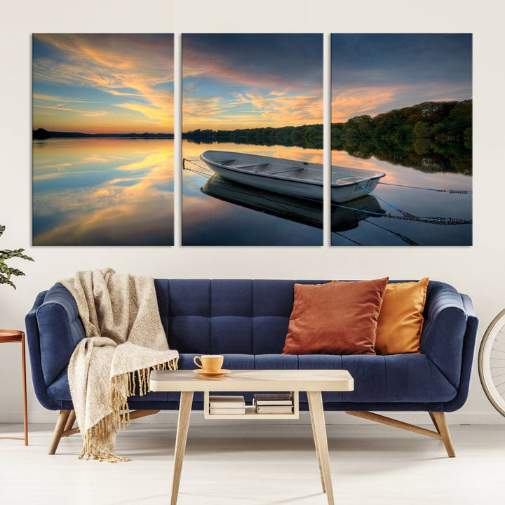 Serene Rowboat on Calm Lake Triptych Canvas Art, Giclee Wall Art of Peaceful Sunset Reflections, Tranquil Landscape Wall Art for Home or Office