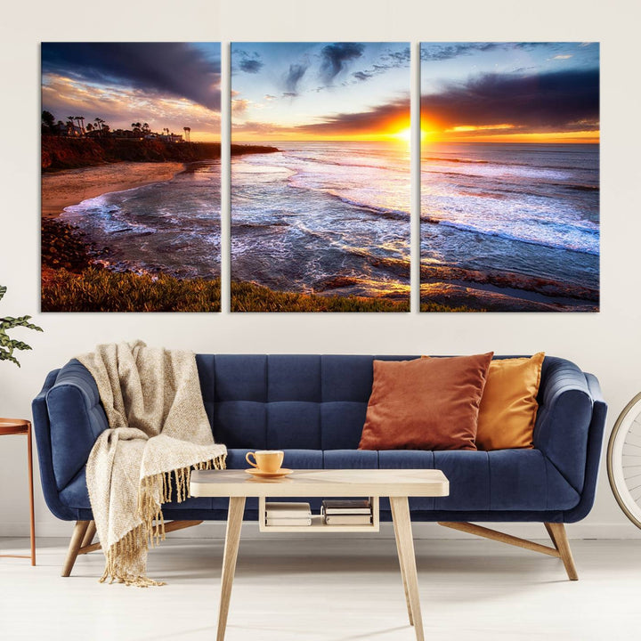 California Coastline Sunset Canvas Art, Ocean Waves Crashing on Cliffs, Giclee Canvas Print for Beach House Decor