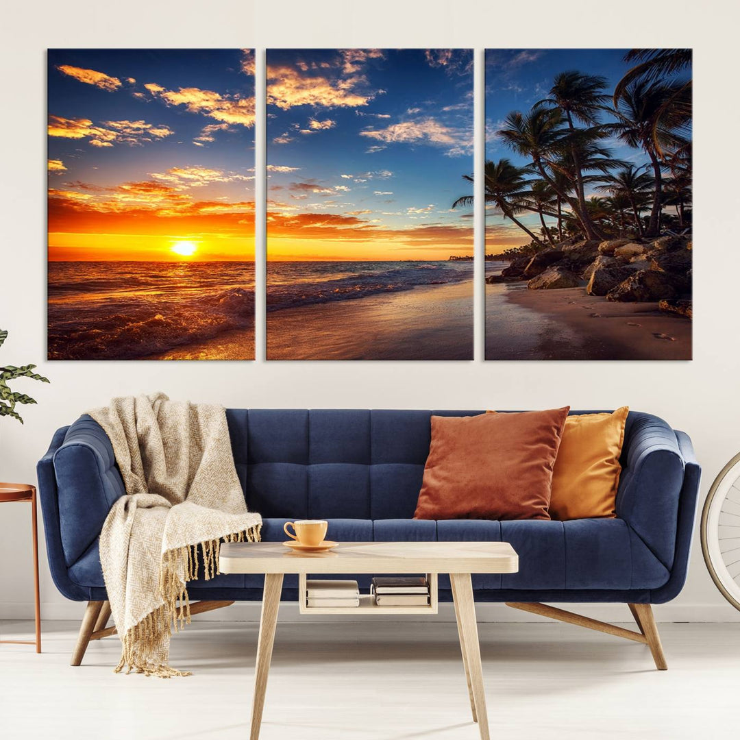 Tropical Beach Sunset Canvas Art, Palm Trees and Ocean Waves Wall Art, Giclee Print for Coastal Home Decor