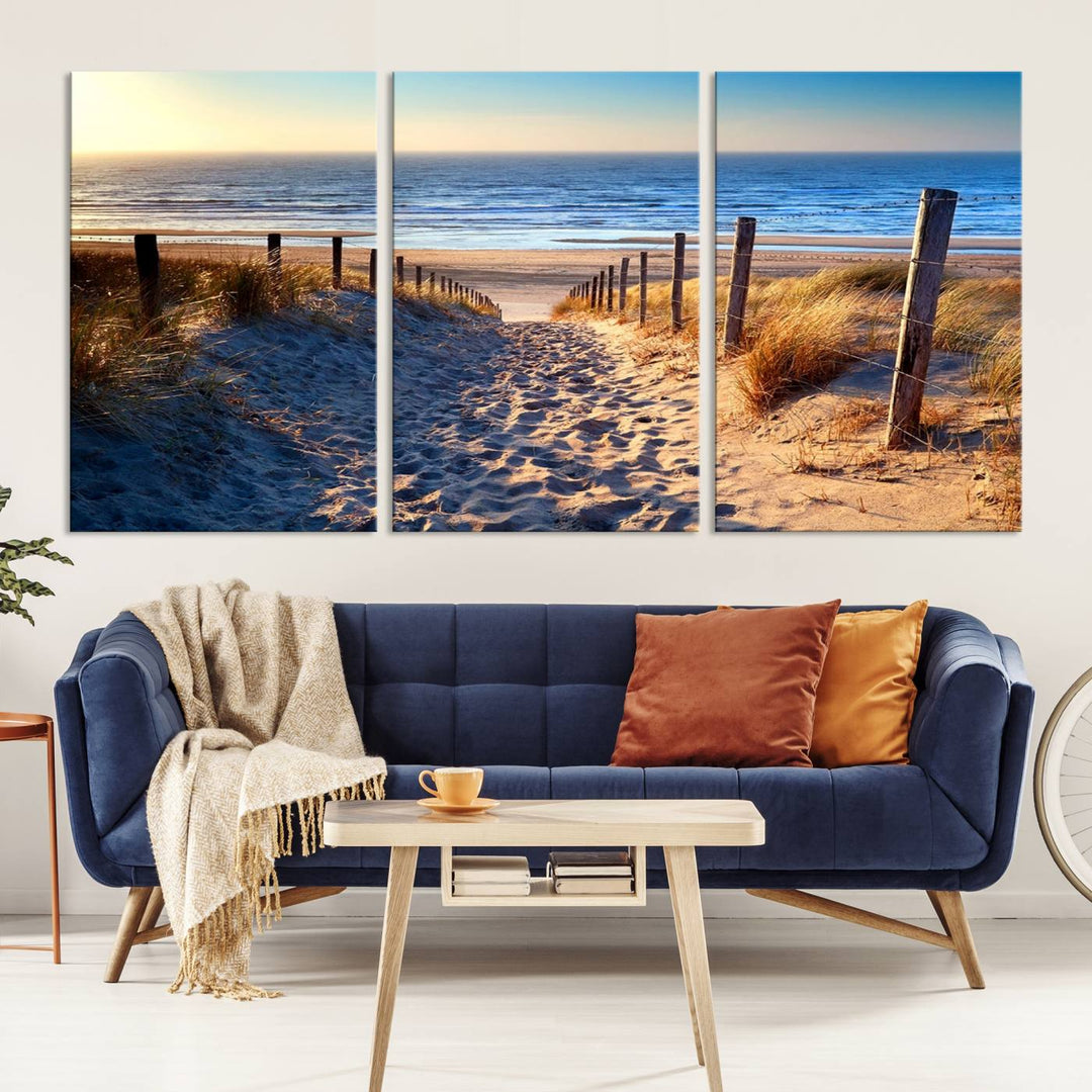 Tropical Beach Sunset Canvas Art, Ocean Waves and Sandy Shoreline Wall Art, Large Beach Decor for Coastal Homes