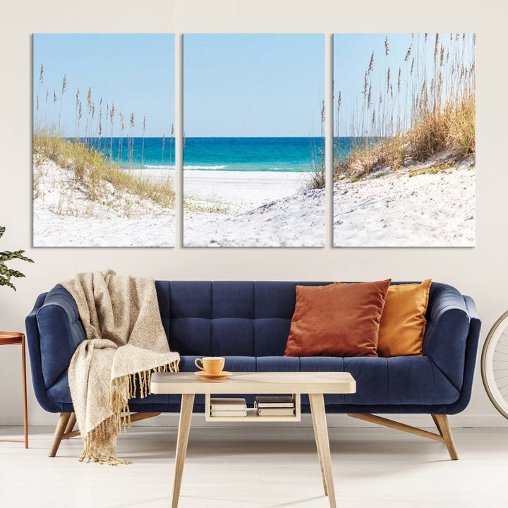 Serene Coastal Dune Path with Ocean View, 3-Panel Beach Canvas Art; tranquil seascape for coastal decor.