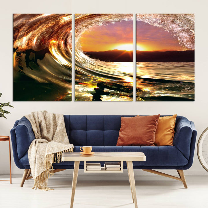 The Golden Wave Sunset Triptych Canvas Art showcases an ocean wave at sunset, casting warm light.