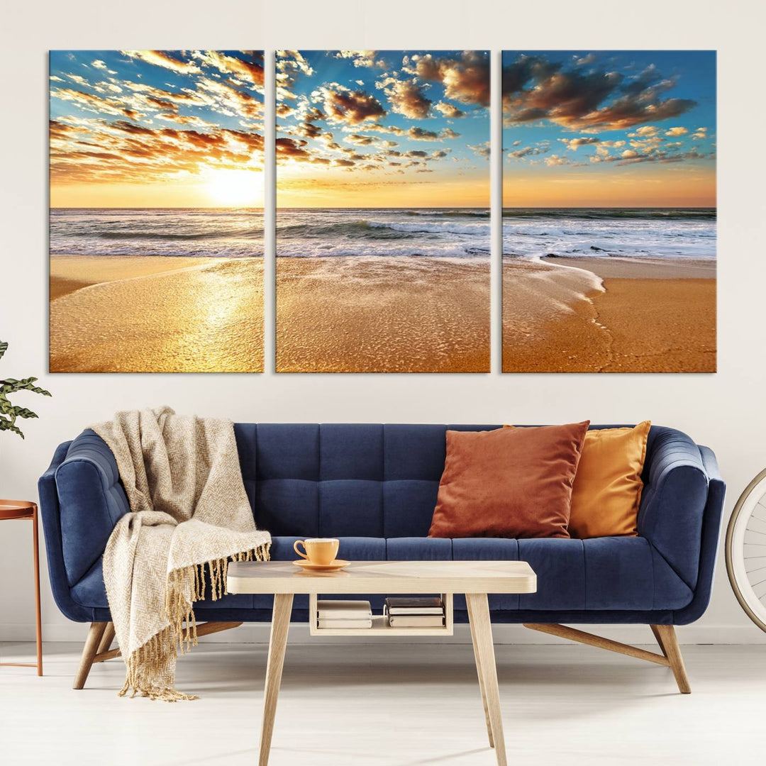 A Golden Sunset Beach giclee triptych canvas hangs prominently.