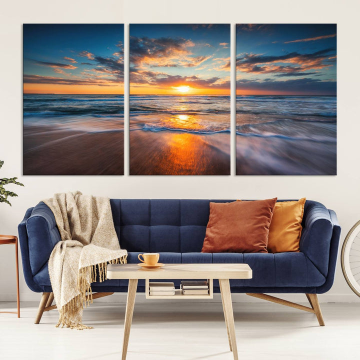 The Sunset on the Ocean canvas adds coastal ambiance to the wooden wall.