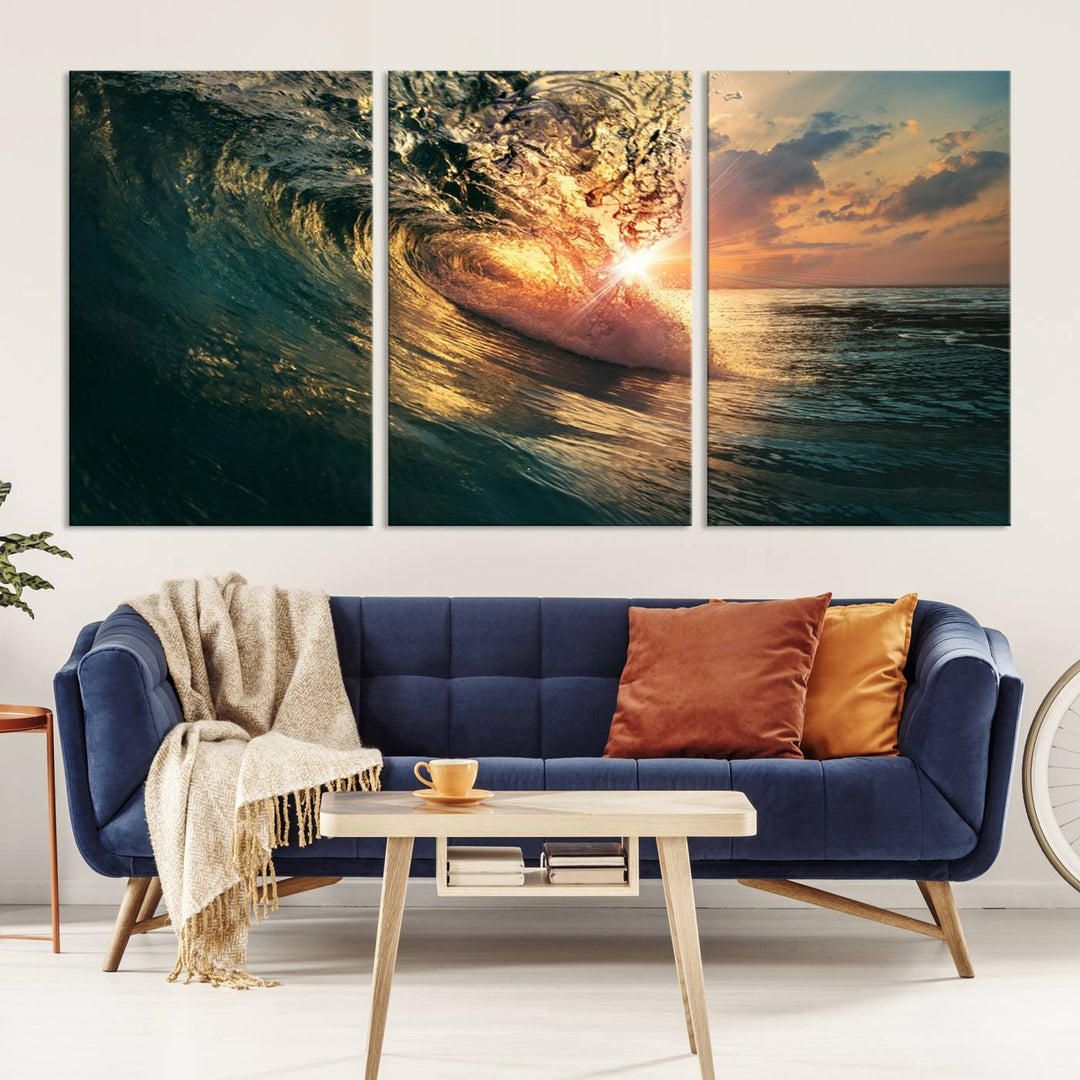 A triptych seascape titled Ocean Wave Sunset Canvas, featuring a stunning ocean view at sunset, is beautifully framed and ready to hang.