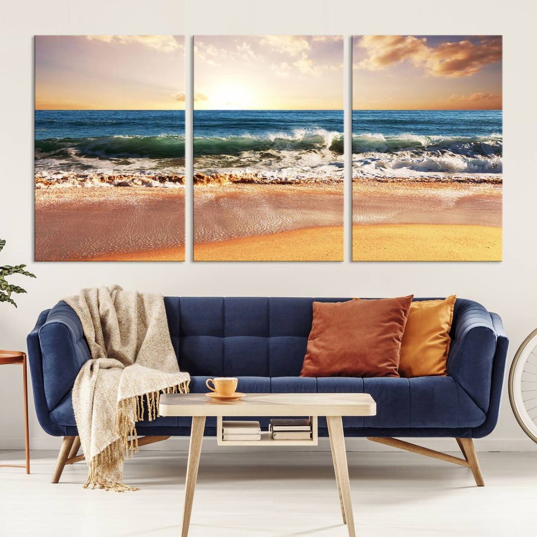 The wall features a Canon-quality Serene Beach Path canvas giclee print, depicting coastal dunes.