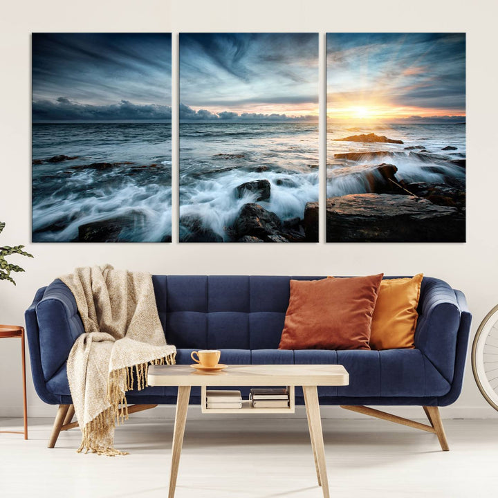 Dynamic Ocean Waves Triptych Canvas Art, Giclee Canvas Print Featuring a Dramatic Ocean Sunrise, Canon Print Quality with Gallery Wrap