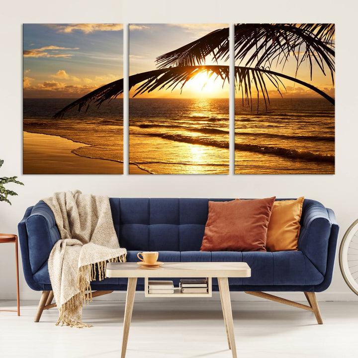 Golden Tropical Beach Sunset Canvas Triptych: Coastal Palm Art & Giclee Print with Gallery Wrap, capturing golden waves.