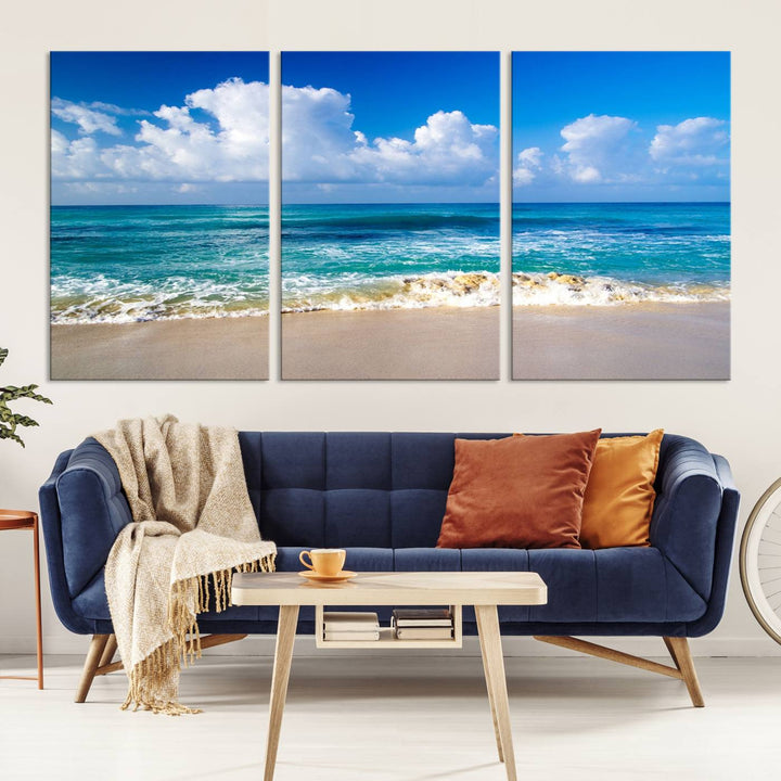 Tropical Beach 3-Panel Canvas Wall Art – Serene Ocean Waves and Blue Sky – Giclée Print for Living Room, Office, or Bedroom Coastal Decor