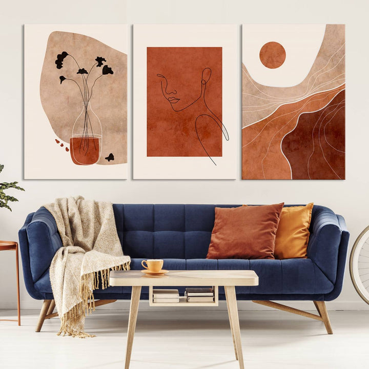 Conjunto de impresión de lienzo enmarcado de arte de pared boho - Impresiones modernas de mediados de siglo - Impresiones de obras de arte de pared de decoración boho - Decoración del hogar neutral boho