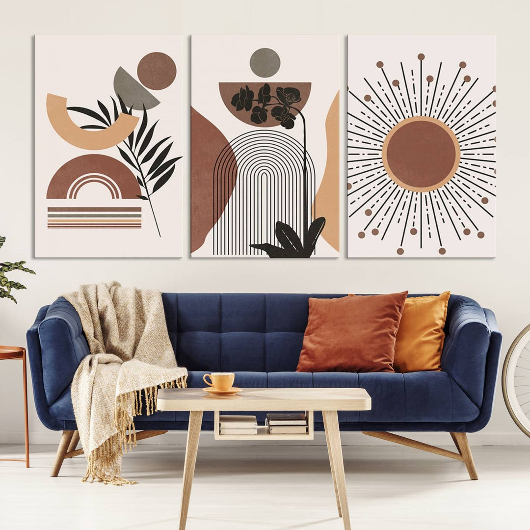 A trio of Boho Wall Art Canvas Print Sets, showcasing mid-century and bohemian styles on museum-quality canvas, adorn the wall.