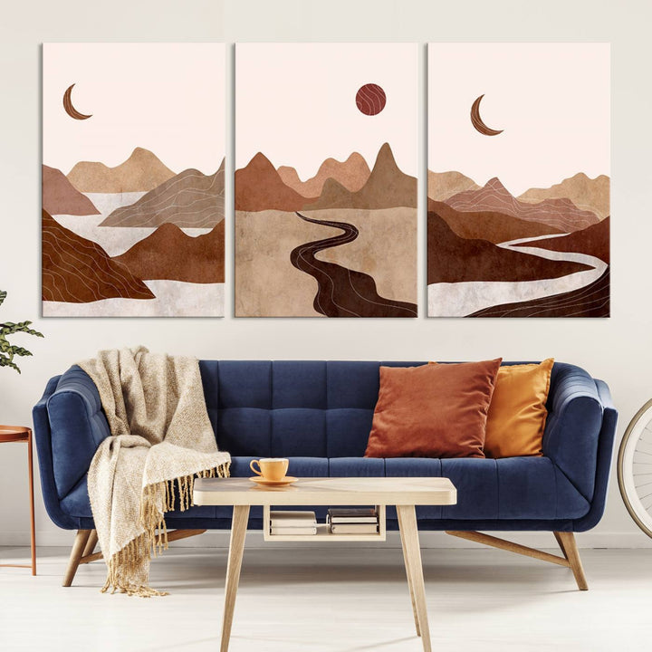 Conjunto de impresión de lienzo enmarcado de arte de pared boho - Impresiones modernas de mediados de siglo - Impresiones de obras de arte de pared de decoración boho - Decoración del hogar neutral boho