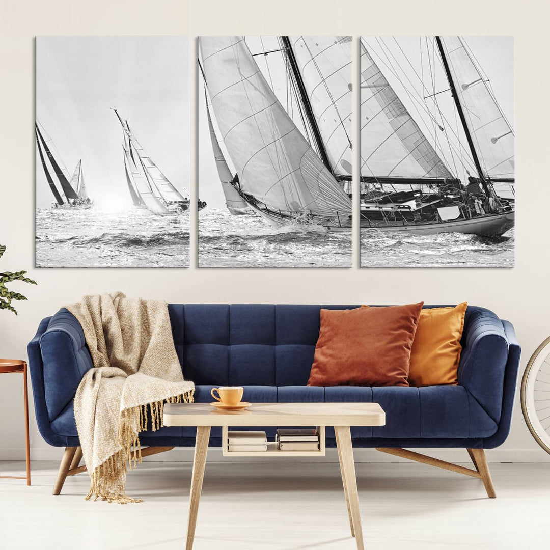 Yacht Sailboat Regatta canvas print on a textured wooden wall.