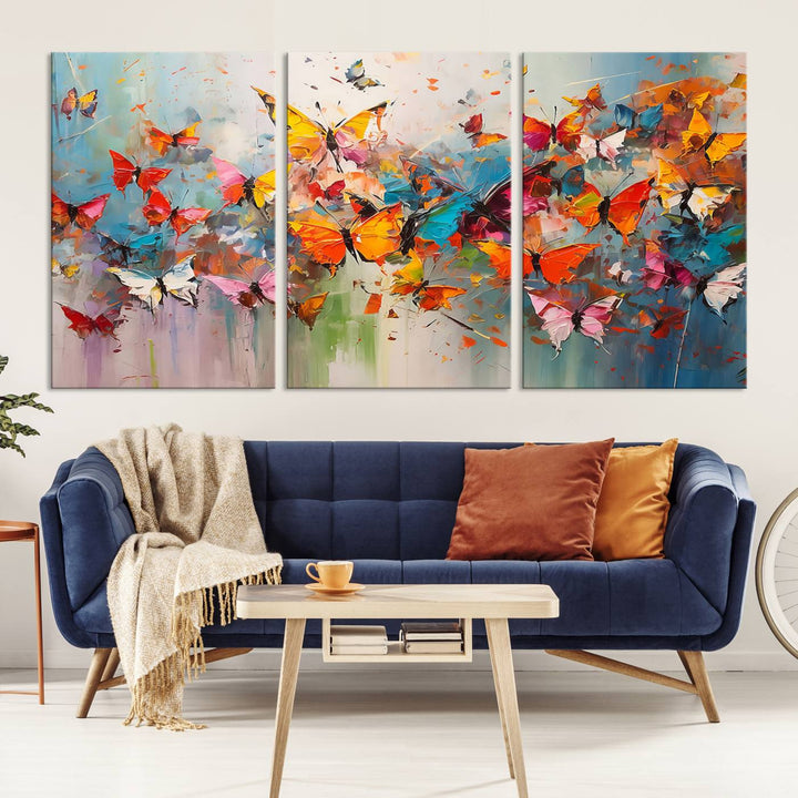 The Abstract Butterfly Wall Art Canvas Print hangs prominently, adding a touch of elegance and creativity to the room.