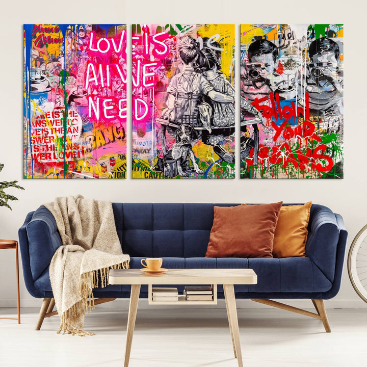 A vibrant and dynamic triptych features distorted horizontal lines, resembling graffiti street art. This artwork conveys the themes of "Follow Your Dreams" and "Love is All We Need" across three colorful panels.