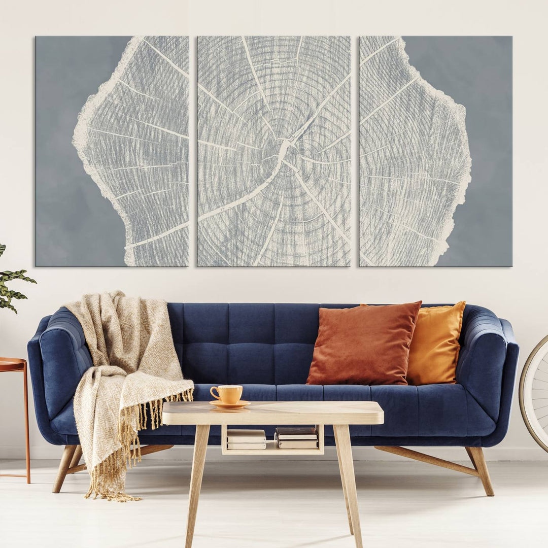 A gray wall displays the Abstract Tree Ring Wall Art print.