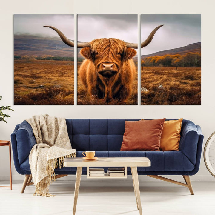 Highland Cow Longhorn Canvas Print, framed, on a wooden wall.