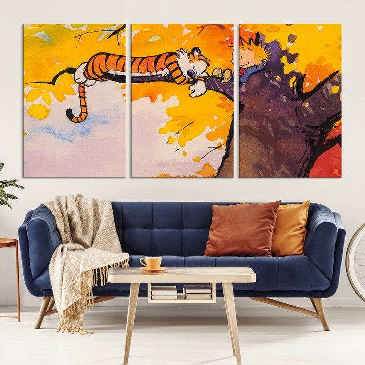 Premium canvas Calvin Wall Arts featuring a boy and tiger relaxing on a branch.