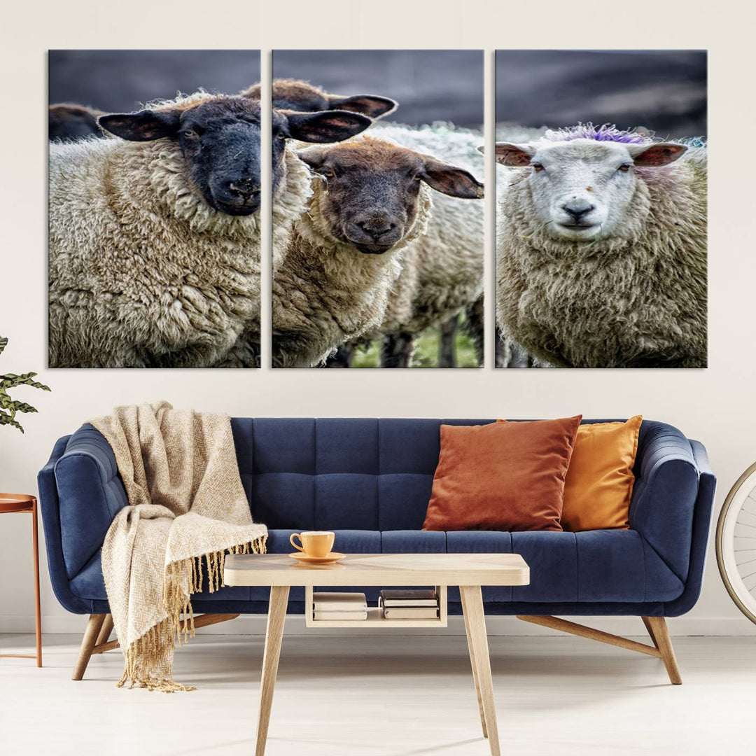 The Charming Sheep Portrait Wall Art hangs on a wooden wall.