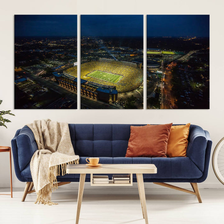 Aerial view of Michigan Stadium nightlife on canvas – Framed, ready-to-hang sports arena wall art.