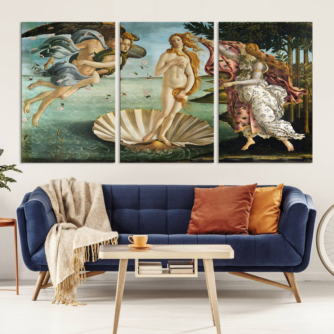 A canvas print of Botticellis The Birth of Venus is displayed on the wall.