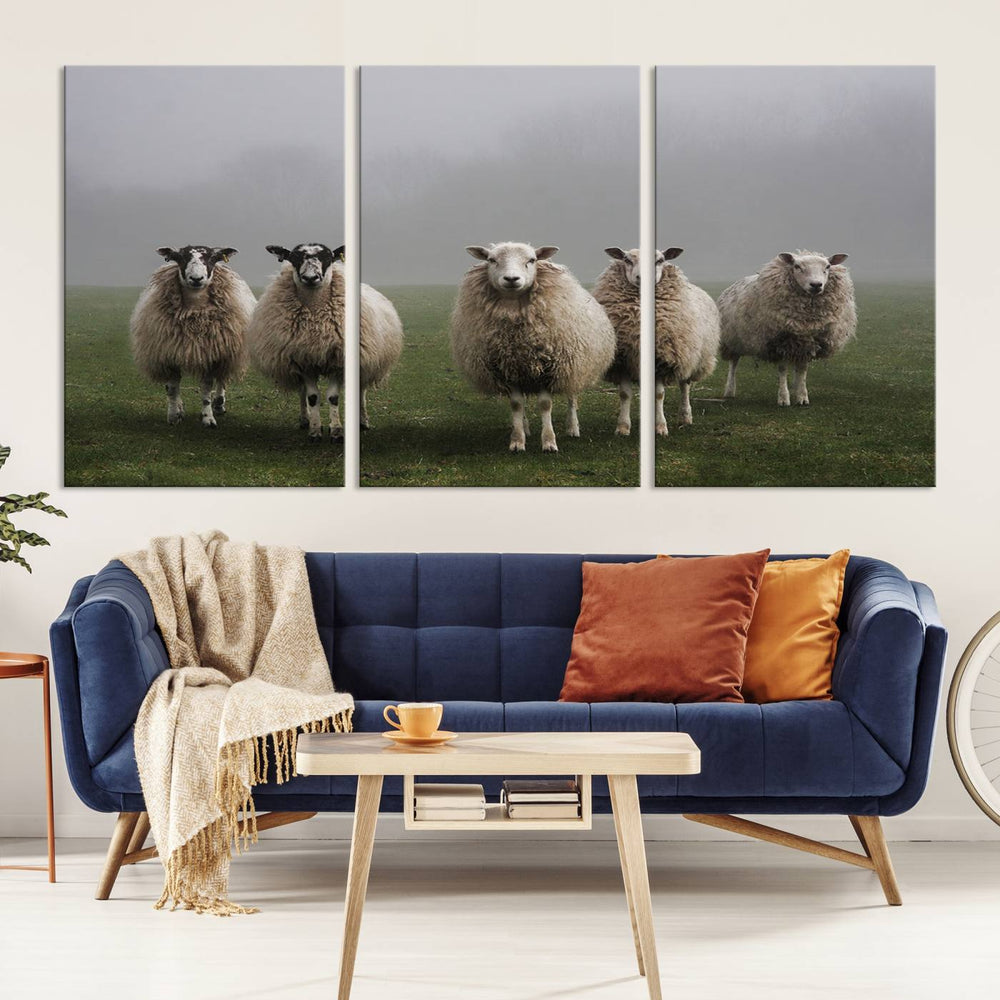 The Flock of Sheep in a Mystical Fog canvas print is framed and ready to hang.