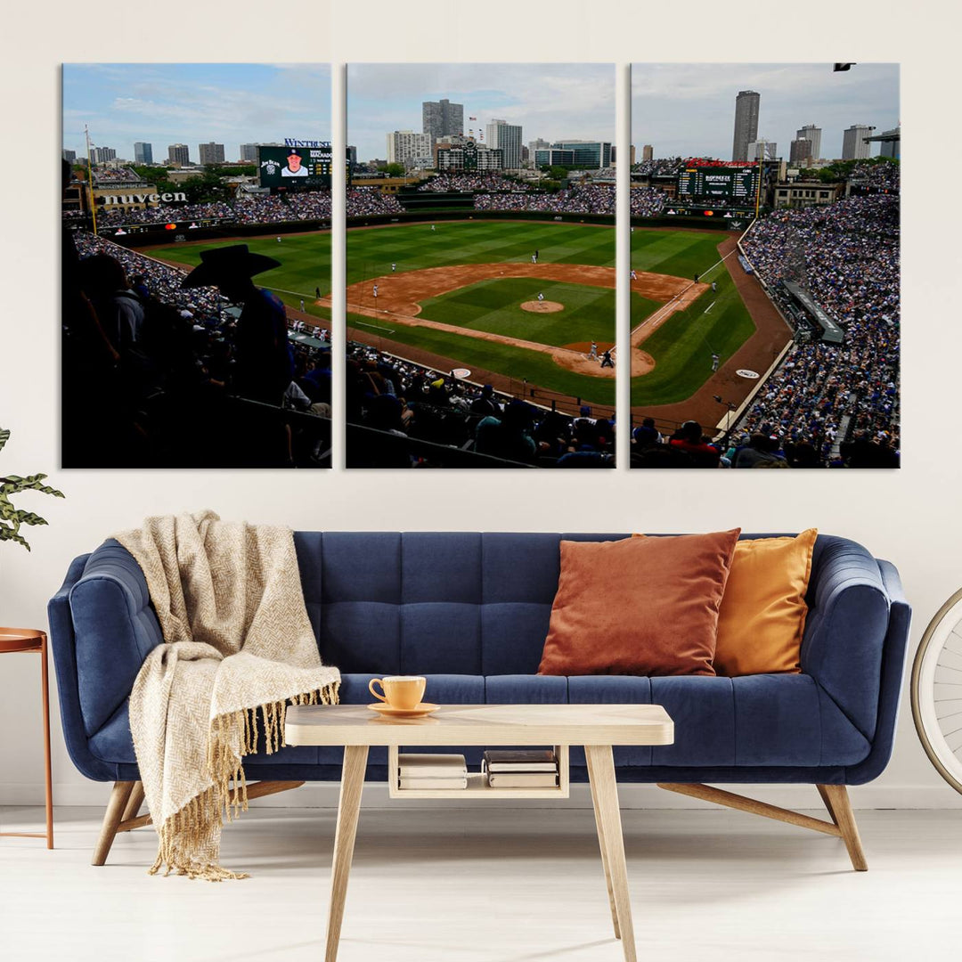 Admire this museum-quality canvas print of a Chicago Cubs game with a cityscape view from the stands at Wrigley Field.