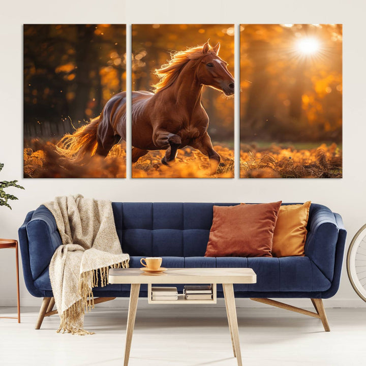 The Running Horse Sunset Forest Wall Art Canvas Print showcases a gallop in an autumn forest with sunlight streaming through the trees.