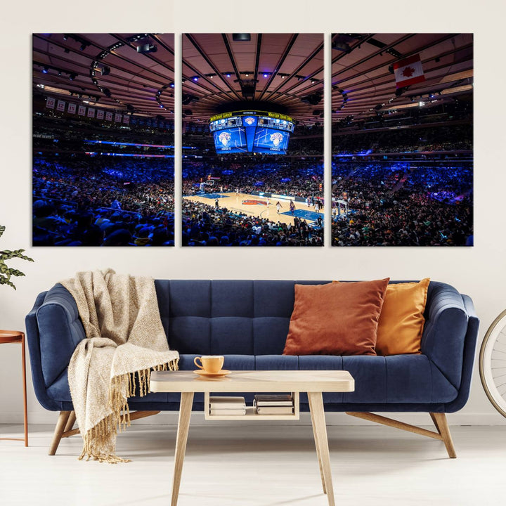 A print depicting an NBA game at Madison Square Garden, highlighting the scoreboard.