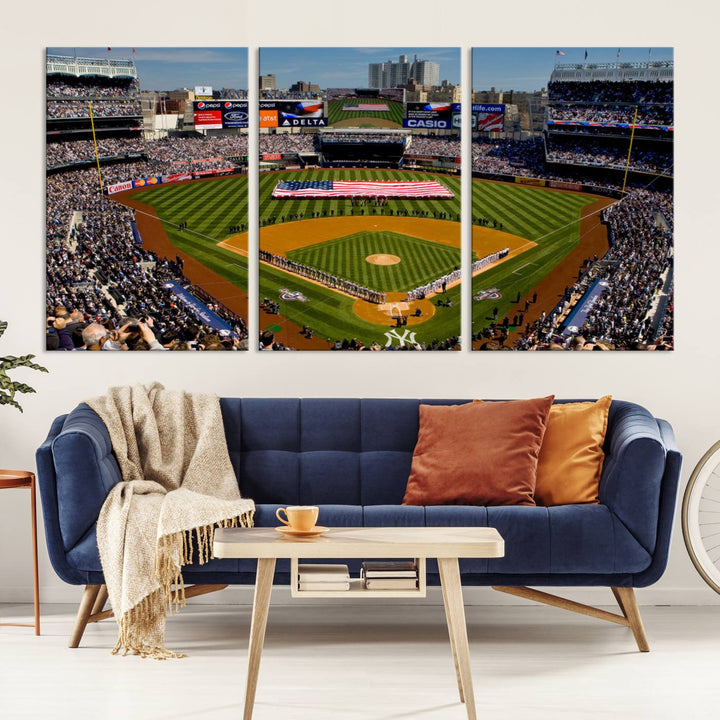 The Yankee Stadium New York wall art print features a vibrant scene of baseball fans with a large flag and players, expertly capturing the spirit of the game. This ready-to-hang décor is perfect for adding a dynamic touch to any space.