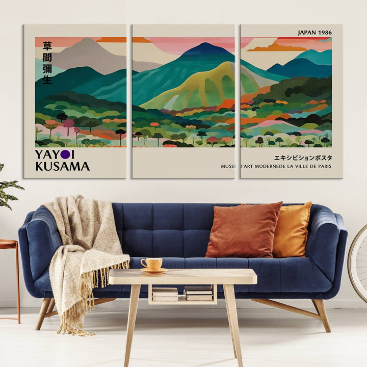 Vibrant Kusama landscape canvas featuring floral mountains and botanical decor, ideal for a modern home.