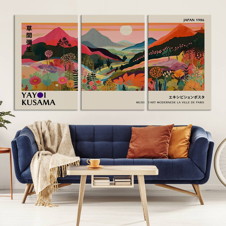 The Yayoi Kusama Landscape Print features vibrant floral mountains with abstract designs, ideal for modern decor.