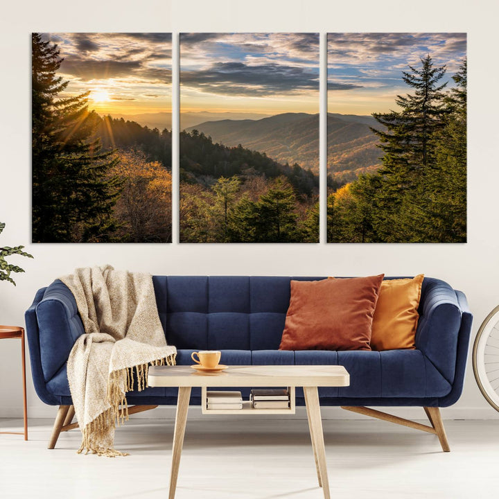 The dining area is beautifully decorated with the Sunrise Over the Smoky Mountains Canvas Wall Art – a breathtaking scenic landscape photography in a stunning triptych that's ready to hang.