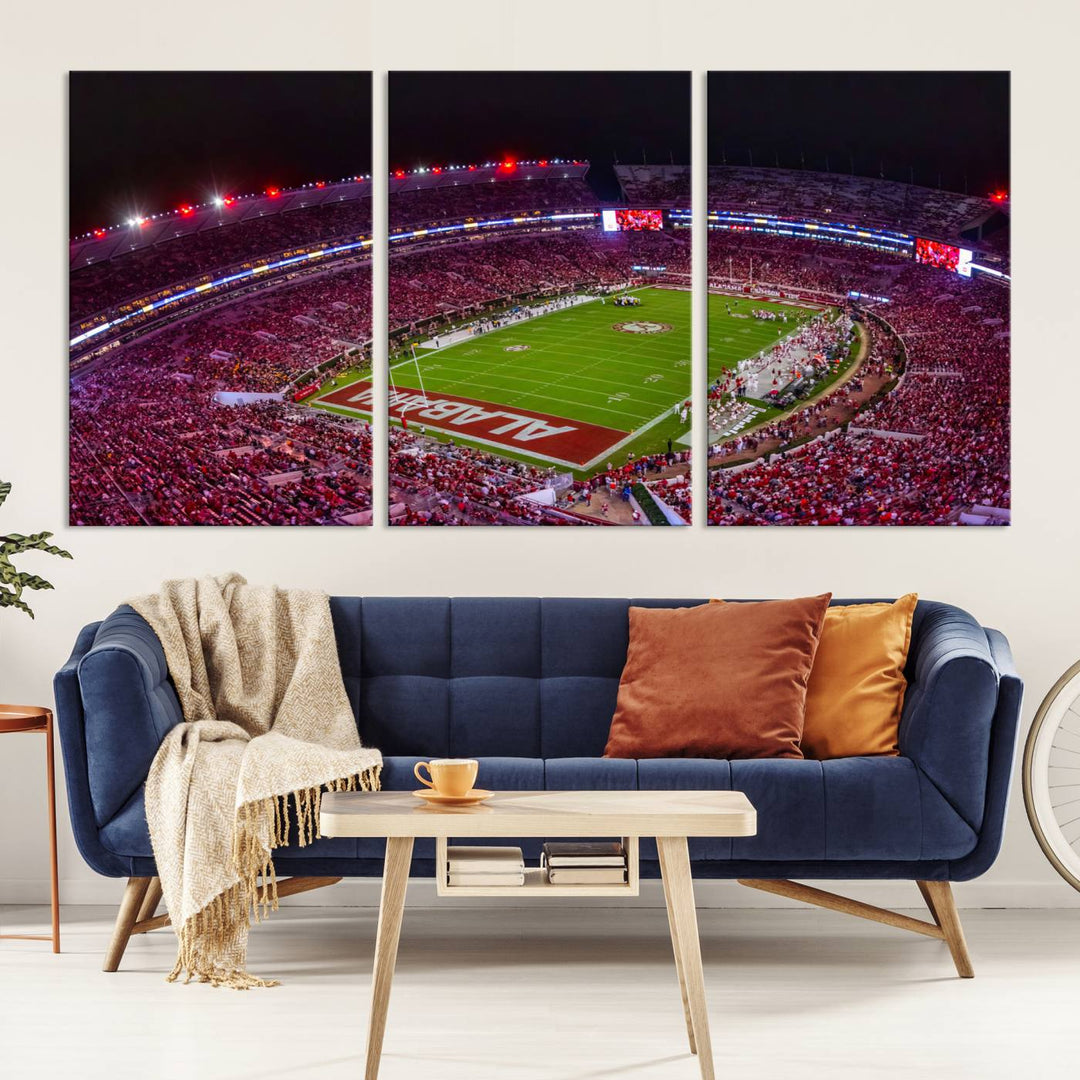 The living room features a Bryant-Denny Stadium Night Game Triple Canvas Wall Art.