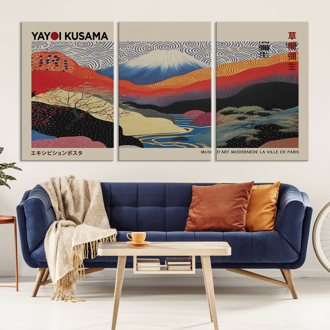 A framed Yayoi Kusama 1986 wall art print, showcasing vibrant abstract landscapes with a Wabi Sabi influence, is prominently displayed as a Japanese wall art piece.