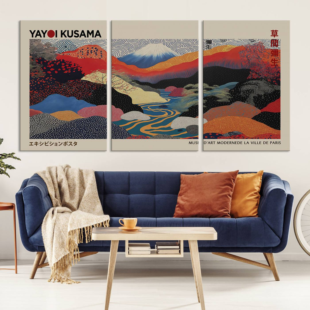 The room showcases Kusamas 1986 vibrant abstract landscape wall art print.