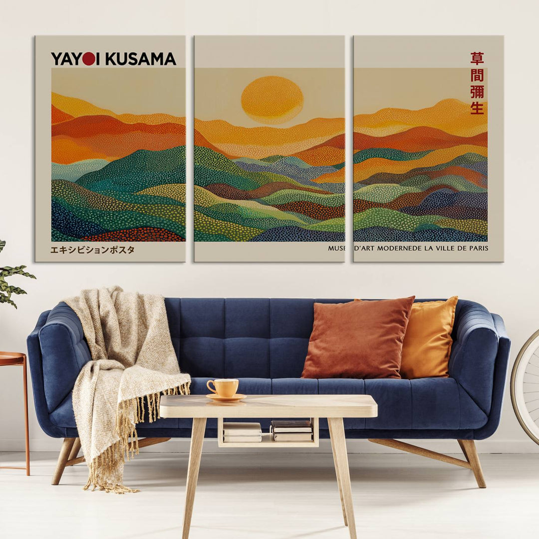 The vibrant abstract landscape depicted in the three-panel "Framed Yayoi Kusama 1986 Wall Art Print" seamlessly integrates nature-inspired décor.