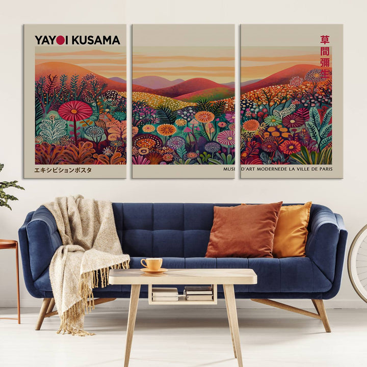 A framed Yayoi Kusama abstract landscape art print adorns the wall.