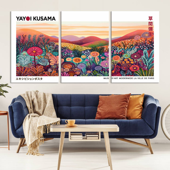 A Framed Yayoi Kusama 1986 Wall Art Print, showcasing a vibrant abstract landscape with flowers and reflecting the Wabi Sabi style, is displayed.