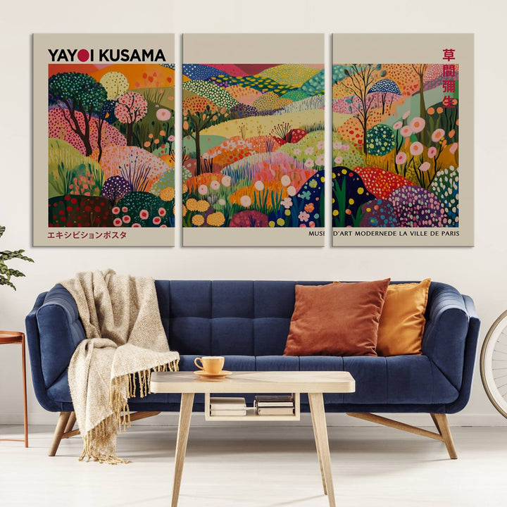 The Framed Yayoi Kusama 1986 Wall Art Print, a vibrant abstract landscape canvas inspired by Japanese design, adds a striking element to the bright room.