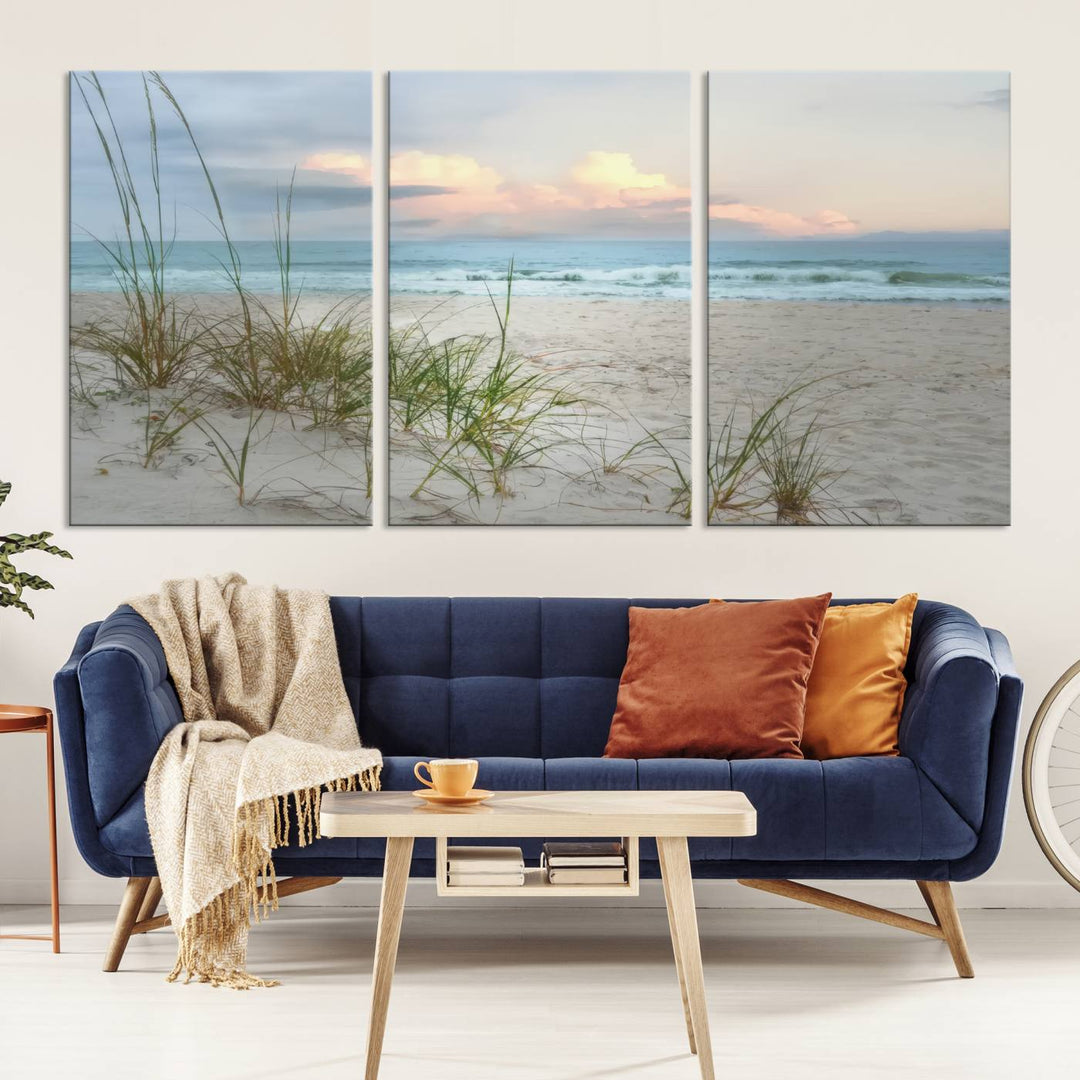 Flight Over Coastal Beach print on UV canvas displayed against white walls.