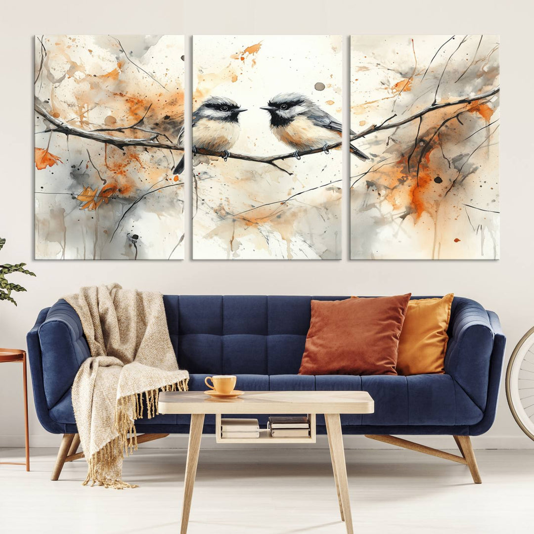 Abstract Watercolor Chickadee Bird Canvas Wall Art Print - Large Bird and Branch Wall Art, Modern Wildlife Wall Decor